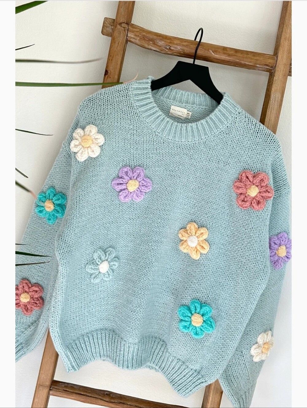 Pastel Blue Oversized Knitted 3d Daisy Flower Appliqué Sweater - Women XL